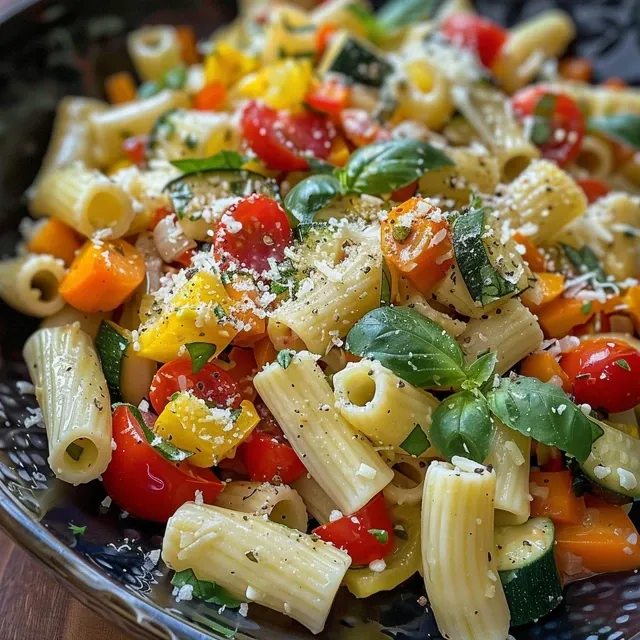Juicy vegetarian pasta primavera dish close-up showcasing various fresh vegetables.