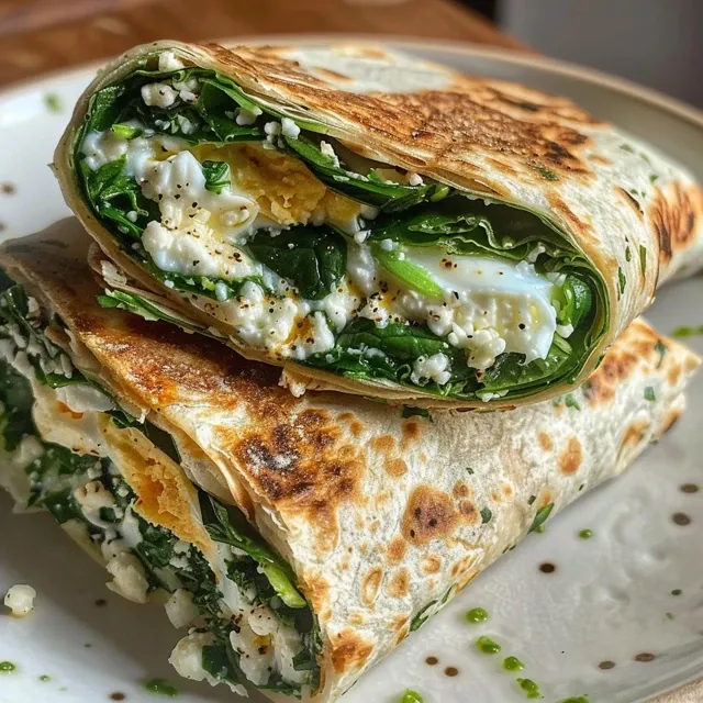 A detailed side view of a hearty egg spinach wrap, featuring a blend of creamy cottage cheese and leafy greens.