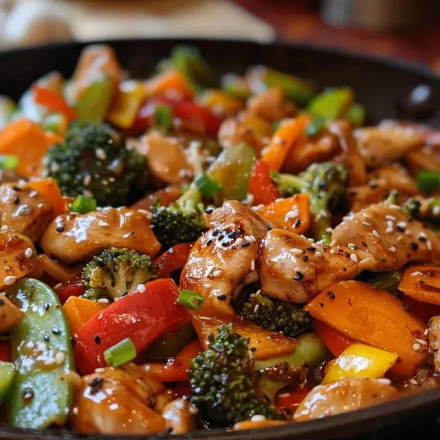Side view of a delicious chicken stir fry filled with colorful vegetables, ready to be served.