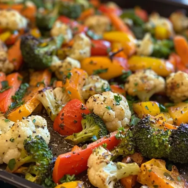 Freshly cooked garlic roasted vegetables in a rustic dish, garnished with parsley.
