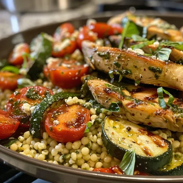 A delicious serving of pesto chicken couscous showcasing the textures of chicken, couscous, and fresh greens.