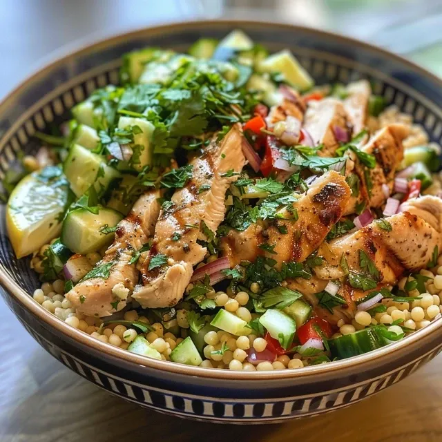 A vibrant dish of herbed chicken and couscous garnished with herbs and tzatziki.