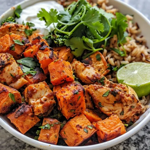 Juicy Hearty Chicken and Sweet Potato Bowl featuring vibrant colors and textures.