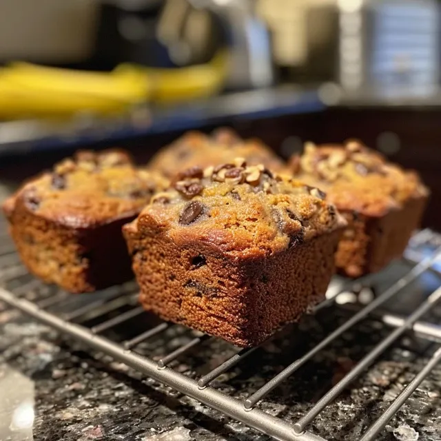 Delicious mini banana bread loaf cakes featuring a glossy finish and dark chocolate chips peeking through.