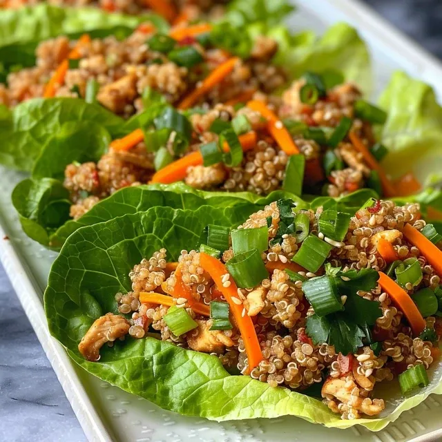A side view of vibrant Chicken Quinoa Lettuce Wraps on a plate.