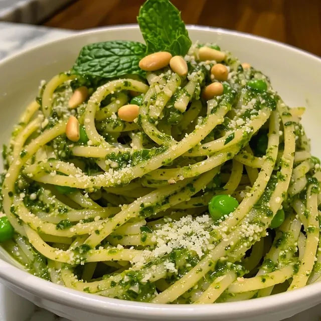 Detailed image of spring pesto pasta dish adorned with peas, mint, and pine nuts, served in a bowl.