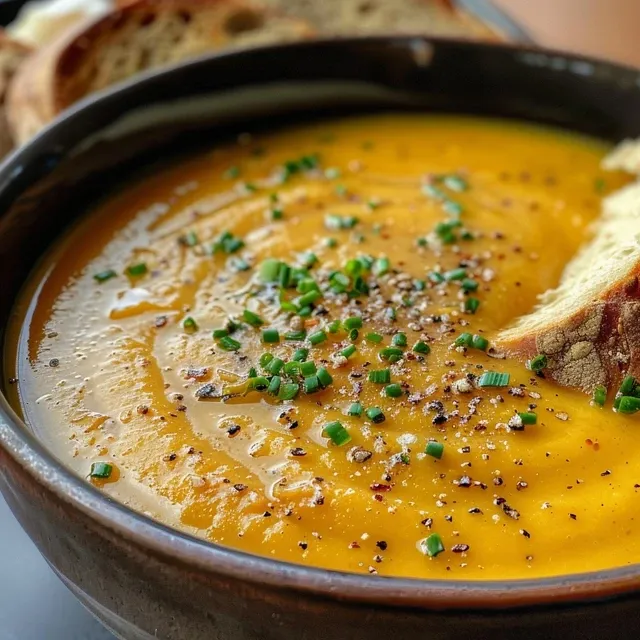 Gourmet presentation of roasted pumpkin soup with optional sour cream and bread on the side.