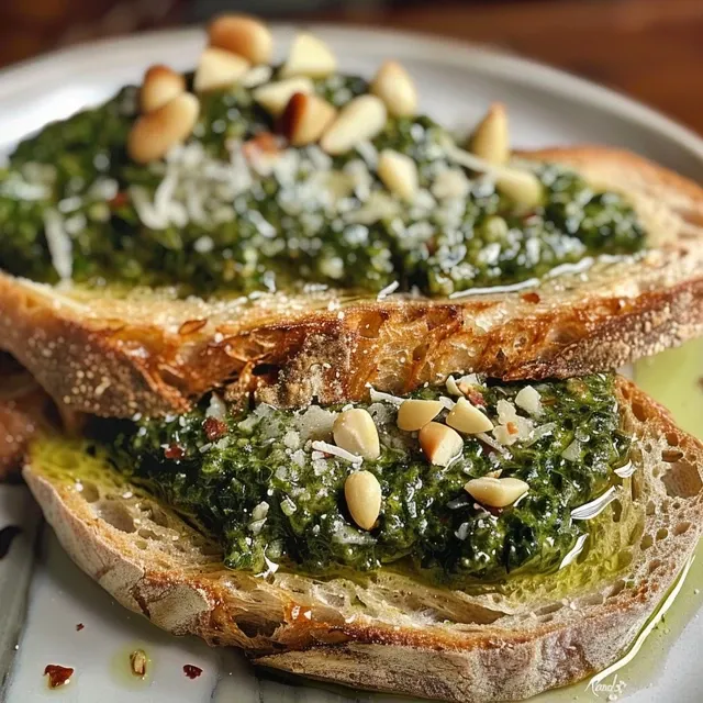 Tasty sourdough toast with a thick layer of homemade spinach pesto and fresh ingredients.