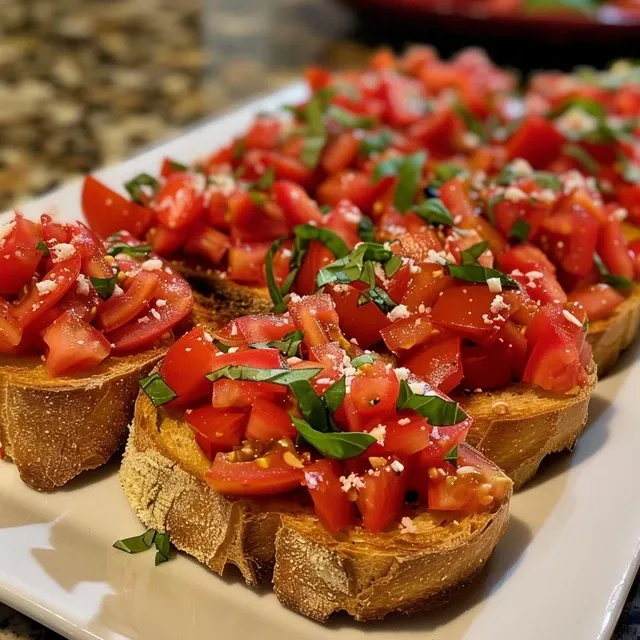 Detailed shot of Classic Bruschetta highlighting fresh ingredients on golden toasted baguette.