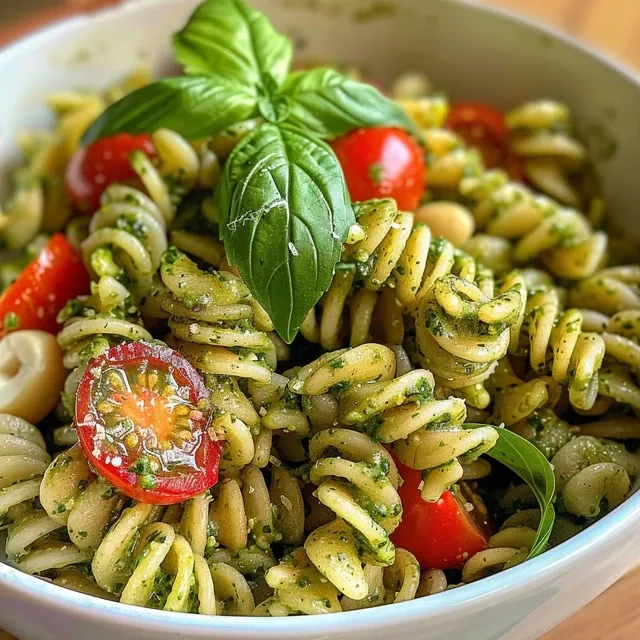 Deliciously plated gluten-free pasta mixed with pesto, nuts, and colorful cherry tomatoes.
