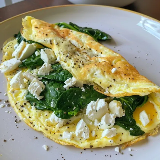 A beautifully presented spinach and feta omelet, with fresh spinach visible inside and a sprinkle of chives on top.