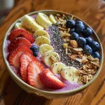 A side view of a smoothie bowl filled with strawberry, pineapple, and topped with nuts and coconut.