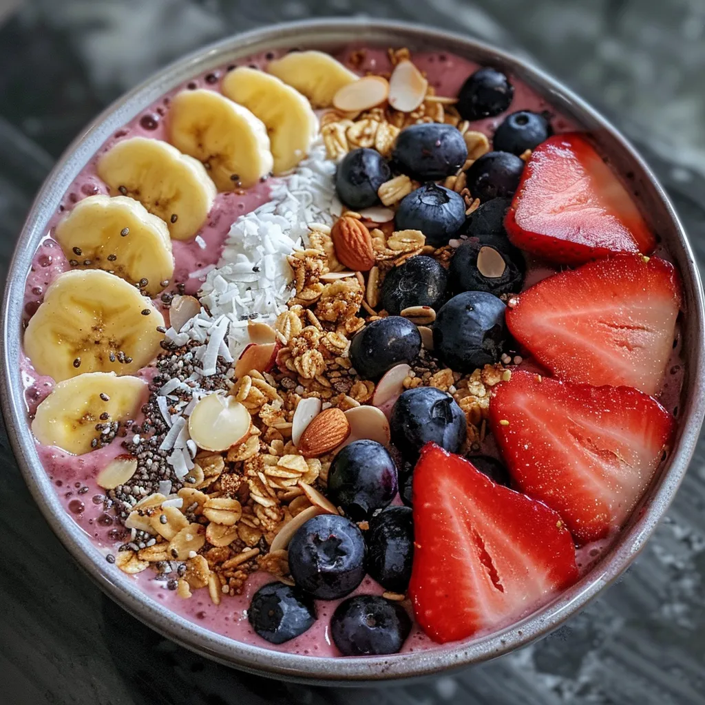 A delicious smoothie bowl showcasing bananas, blueberries, and various toppings in a detailed close-up.