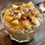 Creamy overnight oats featuring apple chunks and cinnamon in a glass jar.