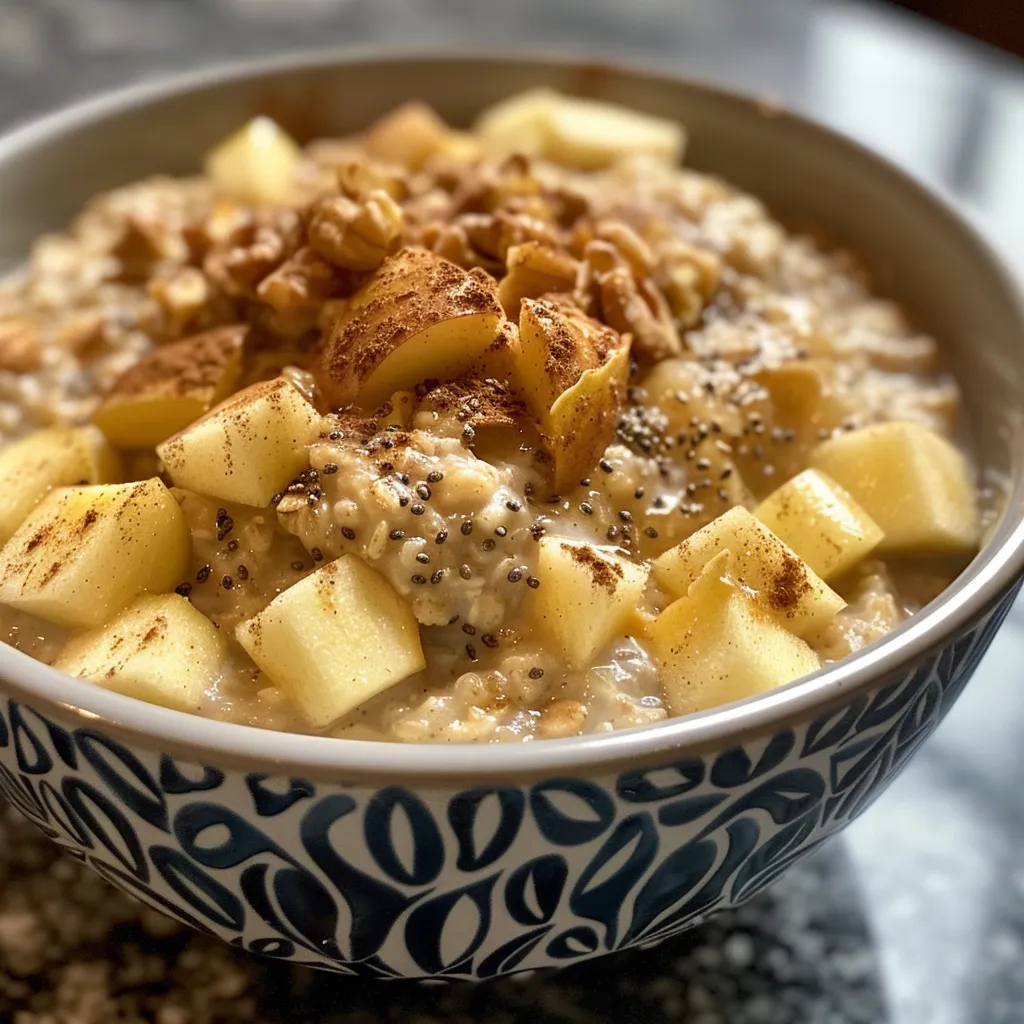 Bowl filled with apple cinnamon overnight oats garnished with yogurt and seeds.