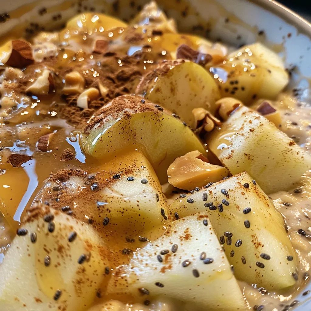 Delicious bowl of protein-packed overnight oats featuring apple and a dusting of cinnamon, ready to eat.