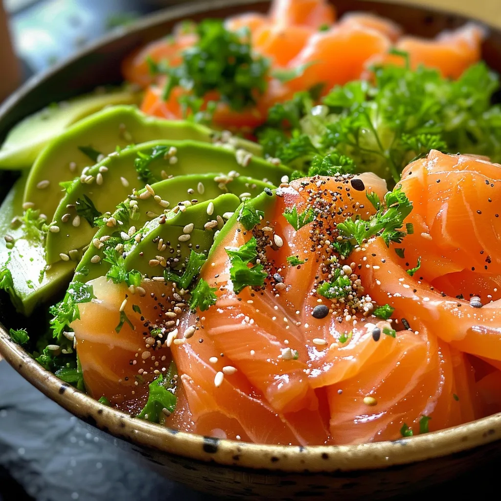Side view of a colorful breakfast bowl with avocado and smoked salmon layers.