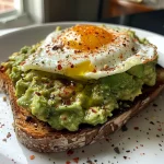 Delicious avocado toast with a poached egg, served on a rustic table with a sprinkle of black pepper.