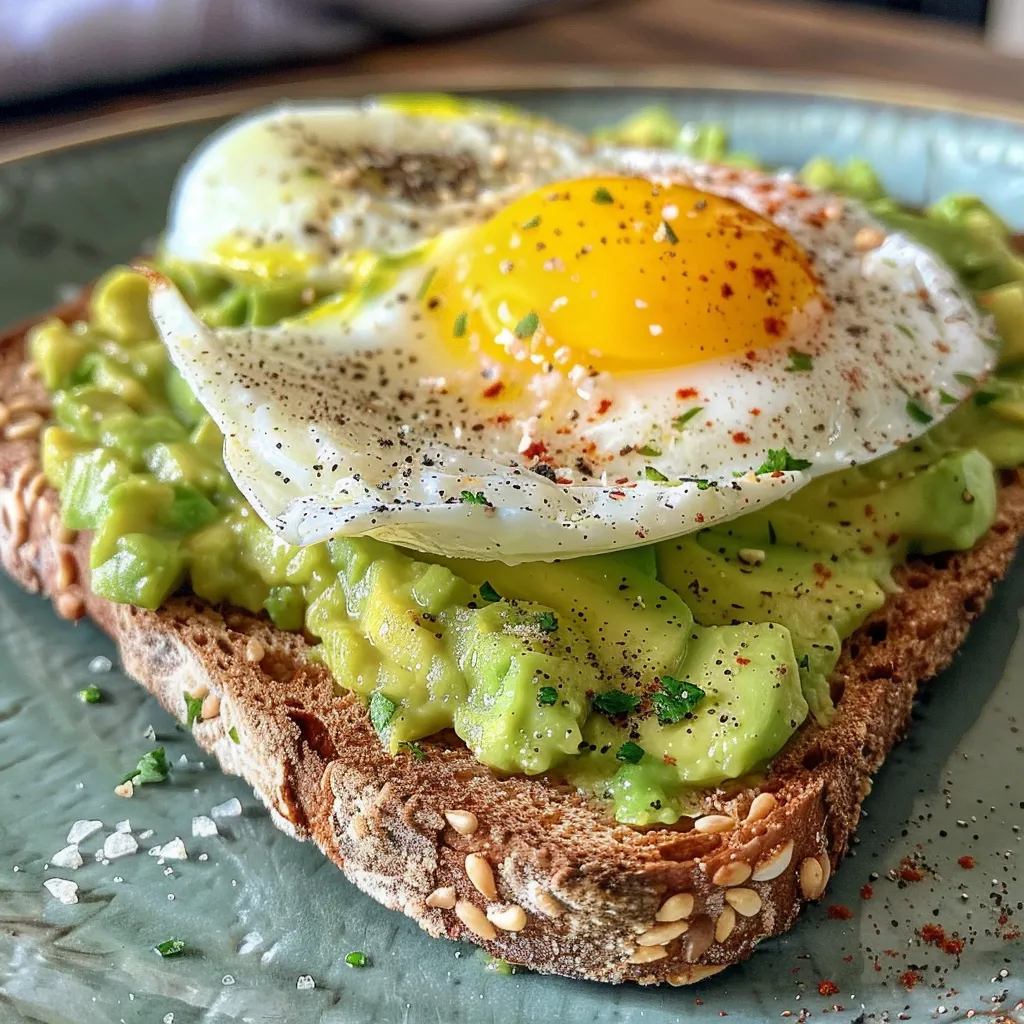 Thick slice of toasted bread with creamy avocado and a scrambled egg, presented in natural light.