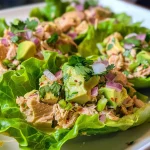 Juicy avocado tuna salad in lettuce leaves, showcasing vibrant colors.