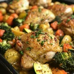 Close-up of succulent baked chicken and fresh vegetables, emphasizing the dish's deliciousness.