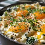 Delicious baked cottage cheese eggs in a rustic dish, with cheddar topping and a sprinkle of black pepper.