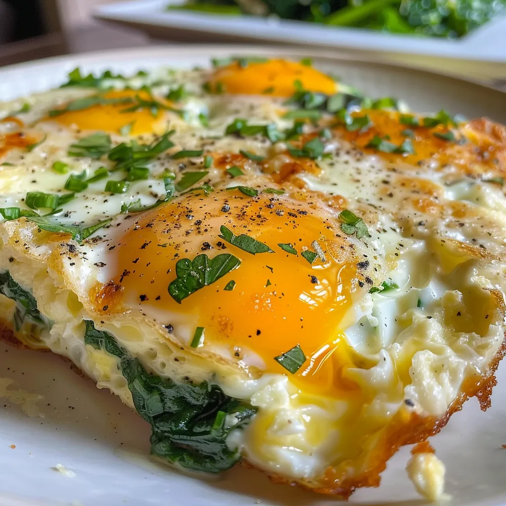 Juicy baked cottage cheese eggs with a rich, golden crust, garnished with spinach and herbs.