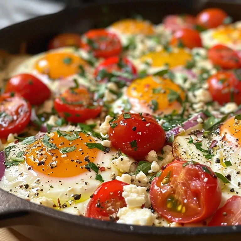 Brighten Your Breakfast: A Cozy Baked Feta Egg Dish Juicy baked feta eggs surrounded by fresh spinach and tomatoes.