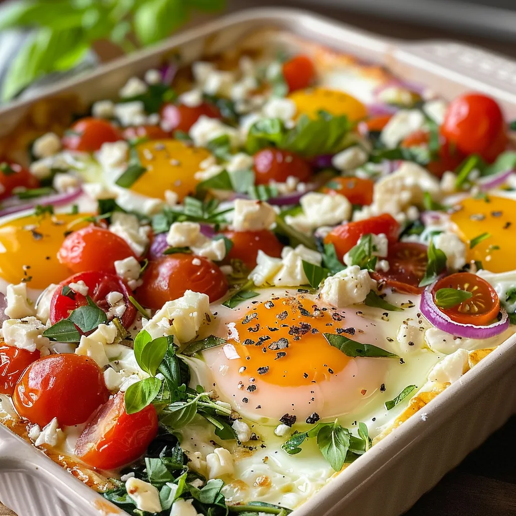 Delicious serving of baked feta eggs, showcasing vibrant ingredients.