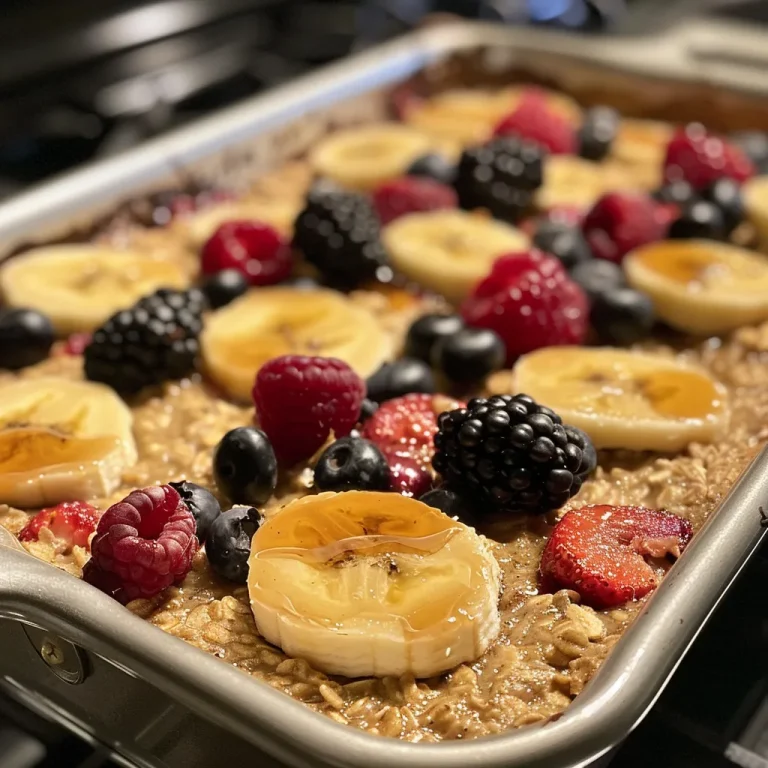 Close-up of baked oatmeal with visible ingredients like banana and peanut butter.