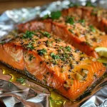 Detailed photo of baked salmon in foil, highlighting fresh rosemary and thyme.