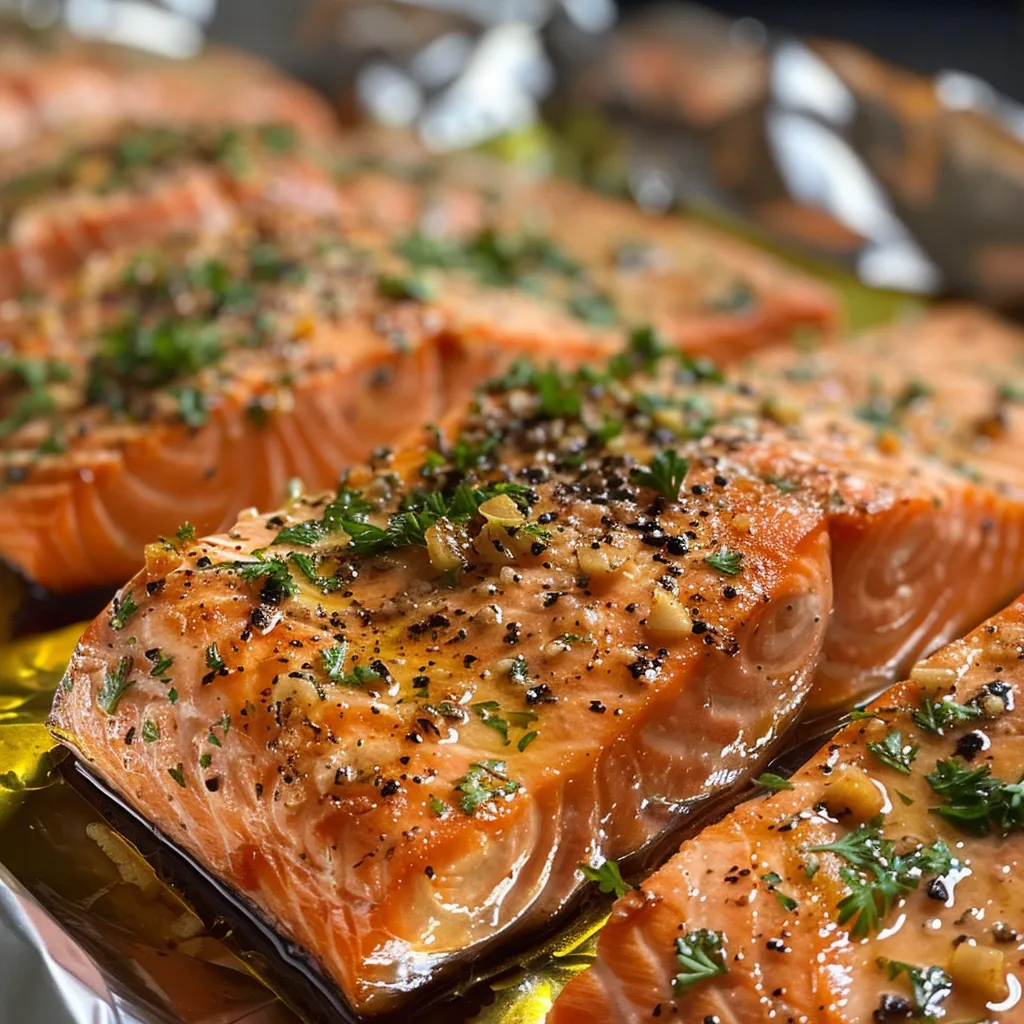 Juicy salmon fillet baked with garlic, displayed in a foil wrap with herbs.