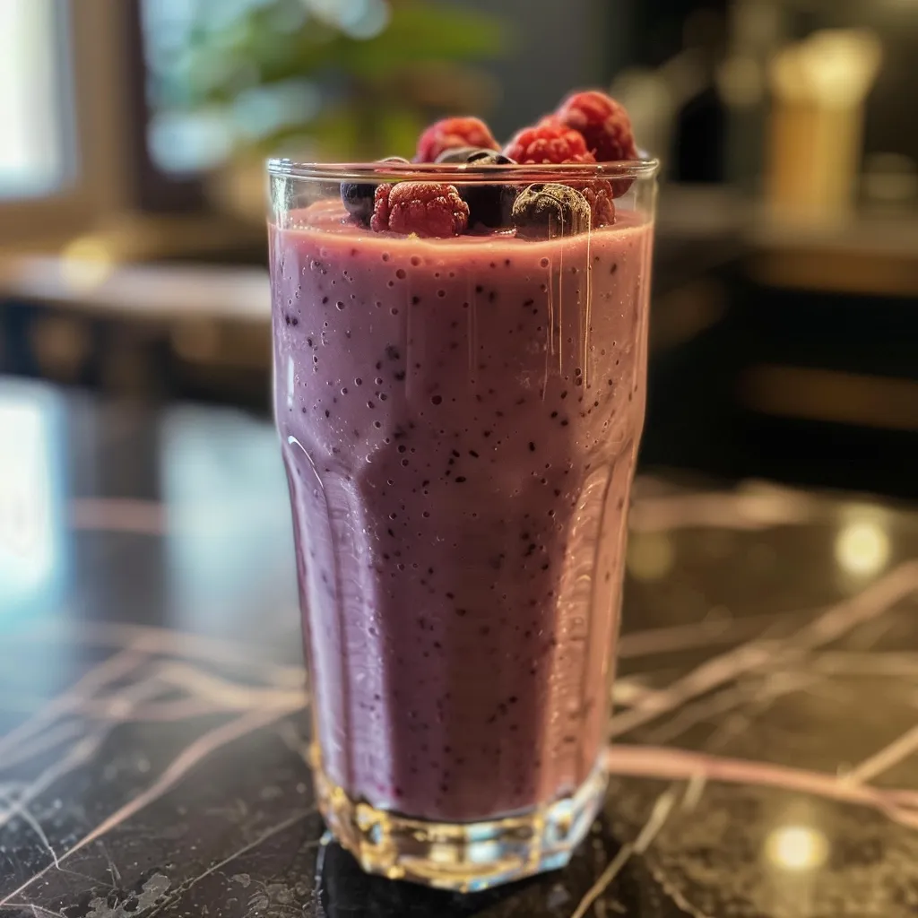 Colorful smoothie showcasing ripe banana and rich berry hues in a glass.