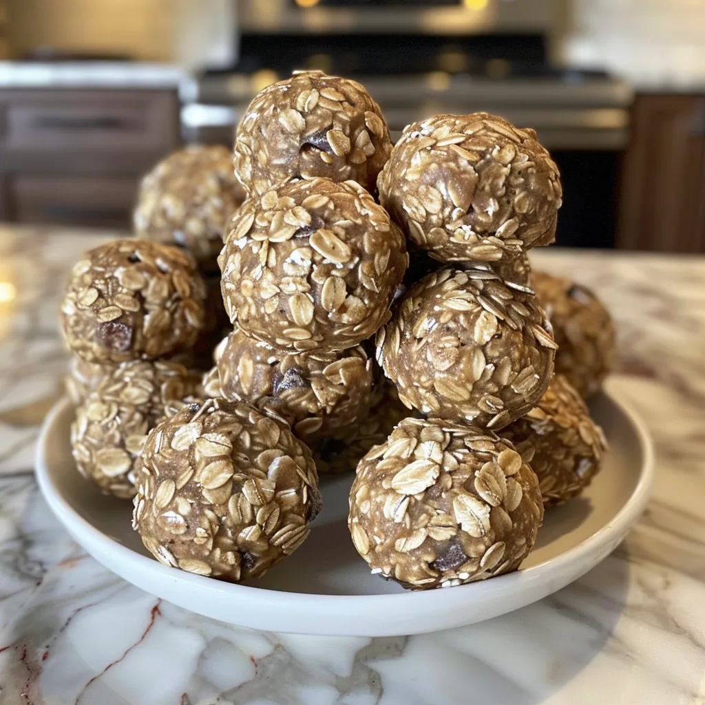 Juicy banana oat energy bites displayed on a surface, with oats and bananas in view.