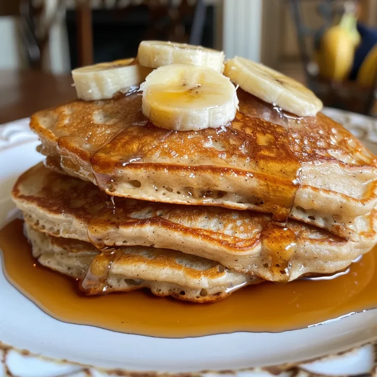 Delicious looking banana oat protein pancakes topped with fresh banana slices.