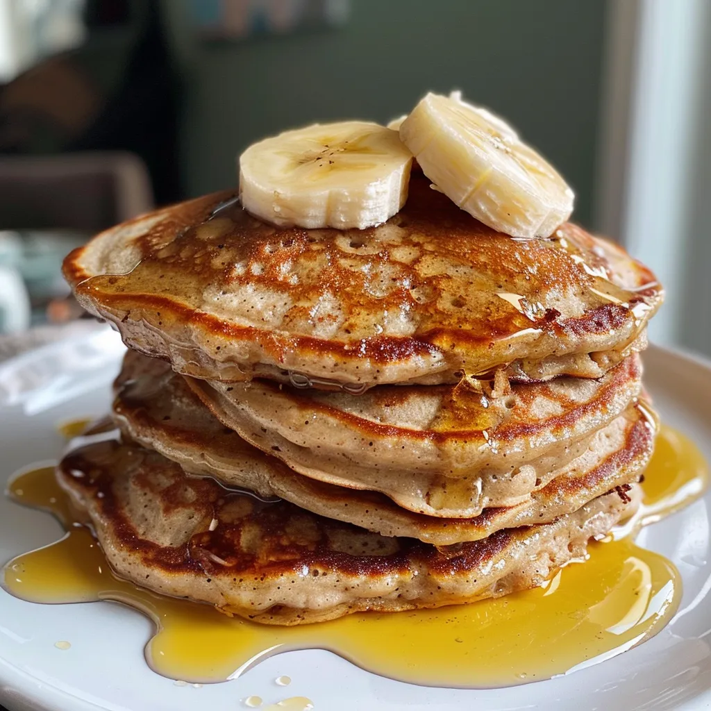 Plate of warm banana oat protein pancakes, showcasing their fluffy texture.