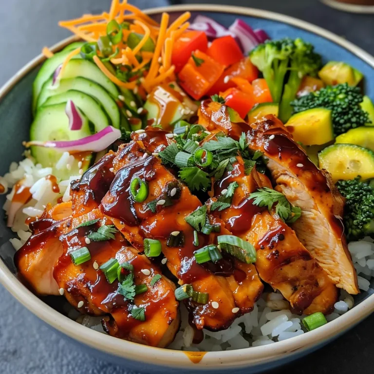 Detailed side view of a BBQ chicken bowl showcasing juicy chicken, rice, and vibrant vegetables.