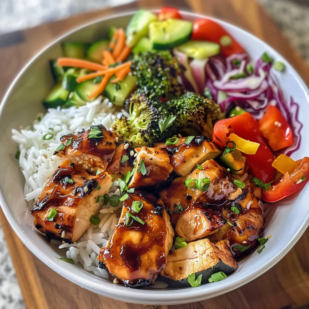 Close-up shot of a BBQ chicken bowl filled with layers of BBQ chicken, rice, and mixed vegetables.