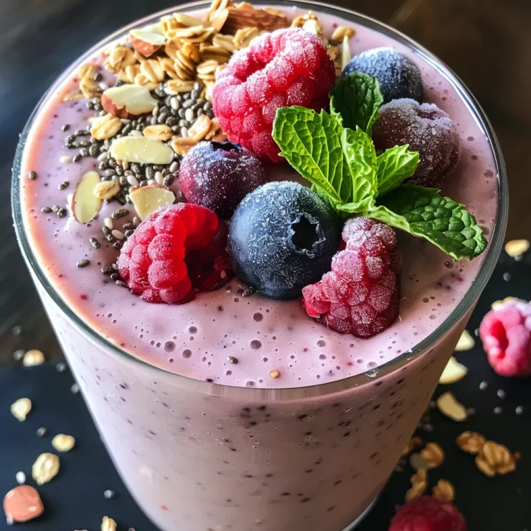 Juicy Berry Blast Protein Smoothie topped with granola, raspberries, and mint.