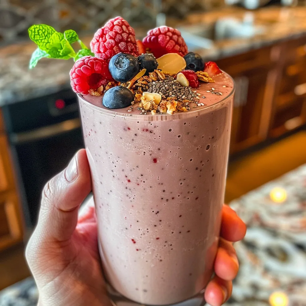 Side view of a protein smoothie featuring mixed berries and almond garnishes.