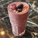 Side view of a thick and creamy berry smoothie with oatmeal, highlighting its luscious texture.