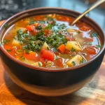 Detailed look at a hearty vegetable soup filled with fresh ingredients, served in a rustic bowl.