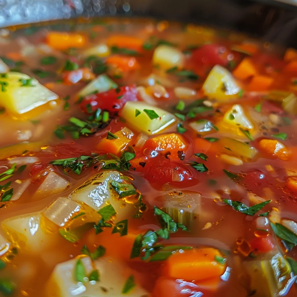 Appetizing view of a mixed vegetable soup, featuring bright colors and textures.