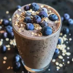 A refreshing Blueberry Muffin Protein Shake in a clear glass, showcasing its smooth texture and vibrant color.