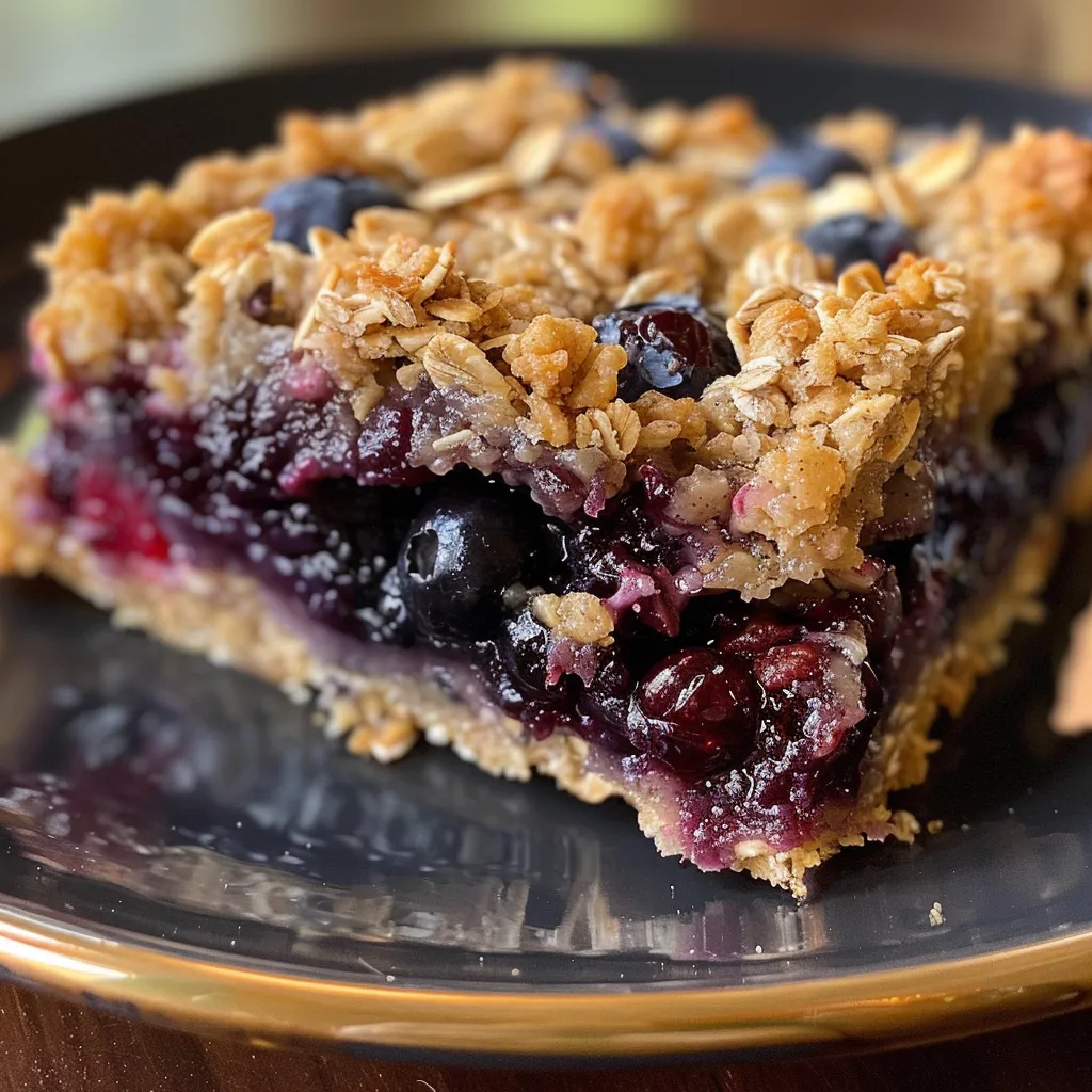 Freshly baked blueberry oat bars with a golden brown crust, garnished with nuts.