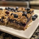 A side view of soft blueberry oat breakfast bars, highlighting the moistness and rich colors of the baked goods.