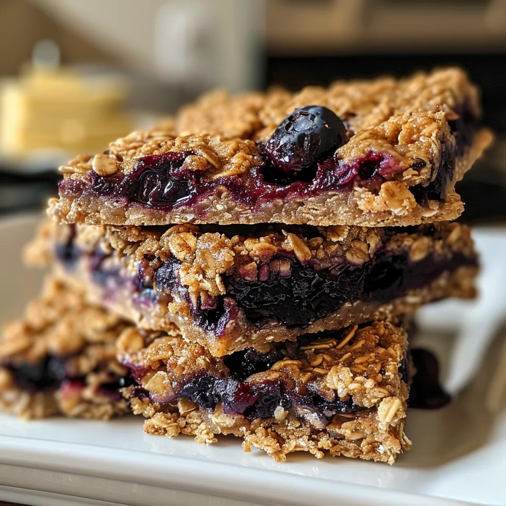 A close-up shot of freshly baked blueberry oat breakfast bars, featuring a blend of oats and blueberries in a tempting arrangement.
