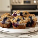 Detail of a blueberry oatmeal muffin highlighting its crumbly surface and juicy blueberries.