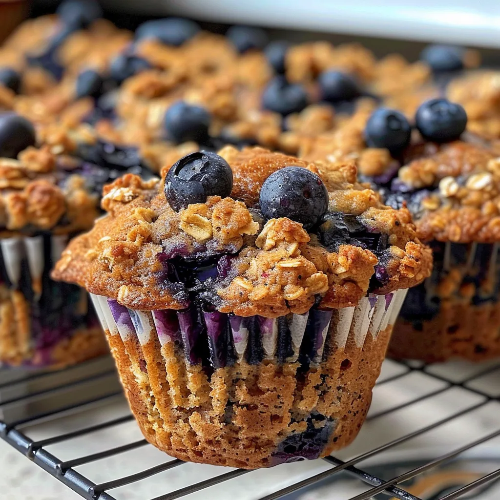 Close-up image of a blueberry oatmeal muffin, emphasizing the blue berries embedded in the exterior.