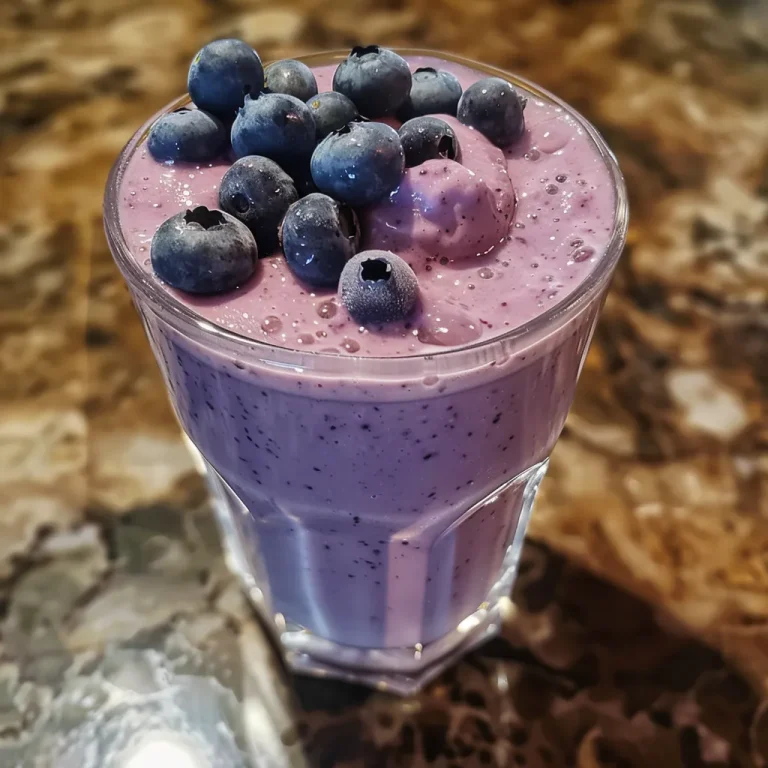 Detailed shot of a thick blueberry protein shake with a creamy texture.